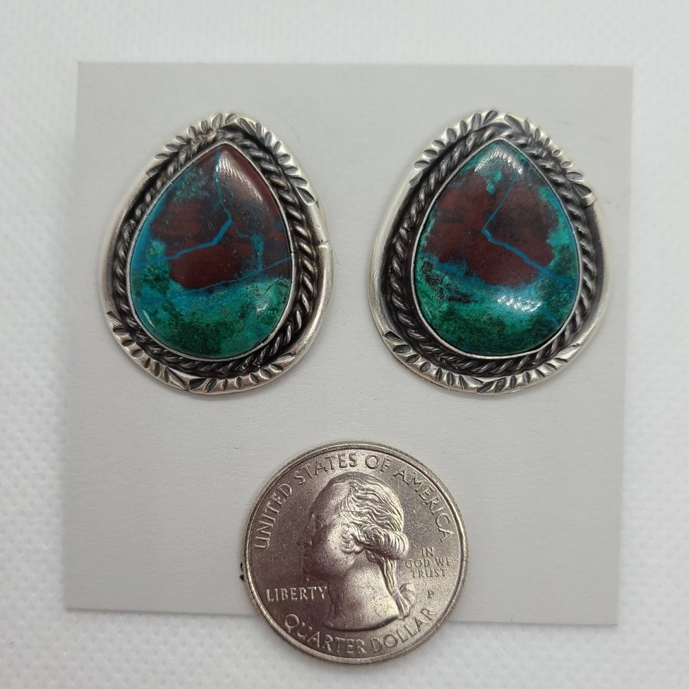 Pear Shaped Kingman Turquoise Earrings, Navajo Artist, Betta Lee